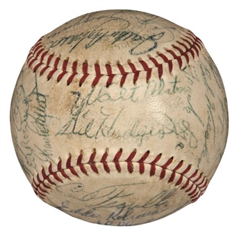 Historic 1955 World Series Game Used Baseball, Signed By Dodgers and Yankees  (35 Signatures including Robinson, Campanella, Stengel, Hodges)